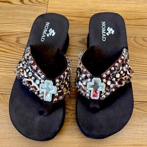 Nomad brown/brown with rhinestone crosses platform flip flops
